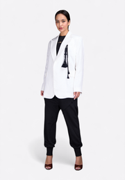White blazer with tassel detailing, front close-up – East Vibe
